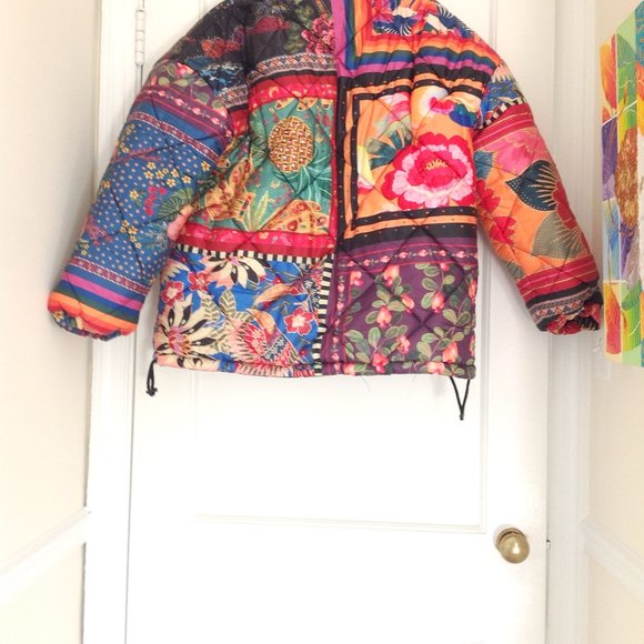 FARM Rio Mixed Scarves Reversible Puffer Jacket Patchwork Dopamine - Picture 12 of 14